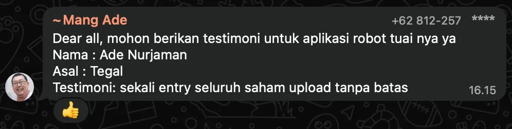 Screenshot testimoni Ade Nurjaman (Tegal): Sekali entry, seluruh saham ter-upload tanpa batas.